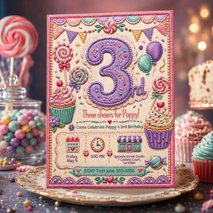 Candy Sweet Three Birthday Invitation for Girls — digital invitation, instant download