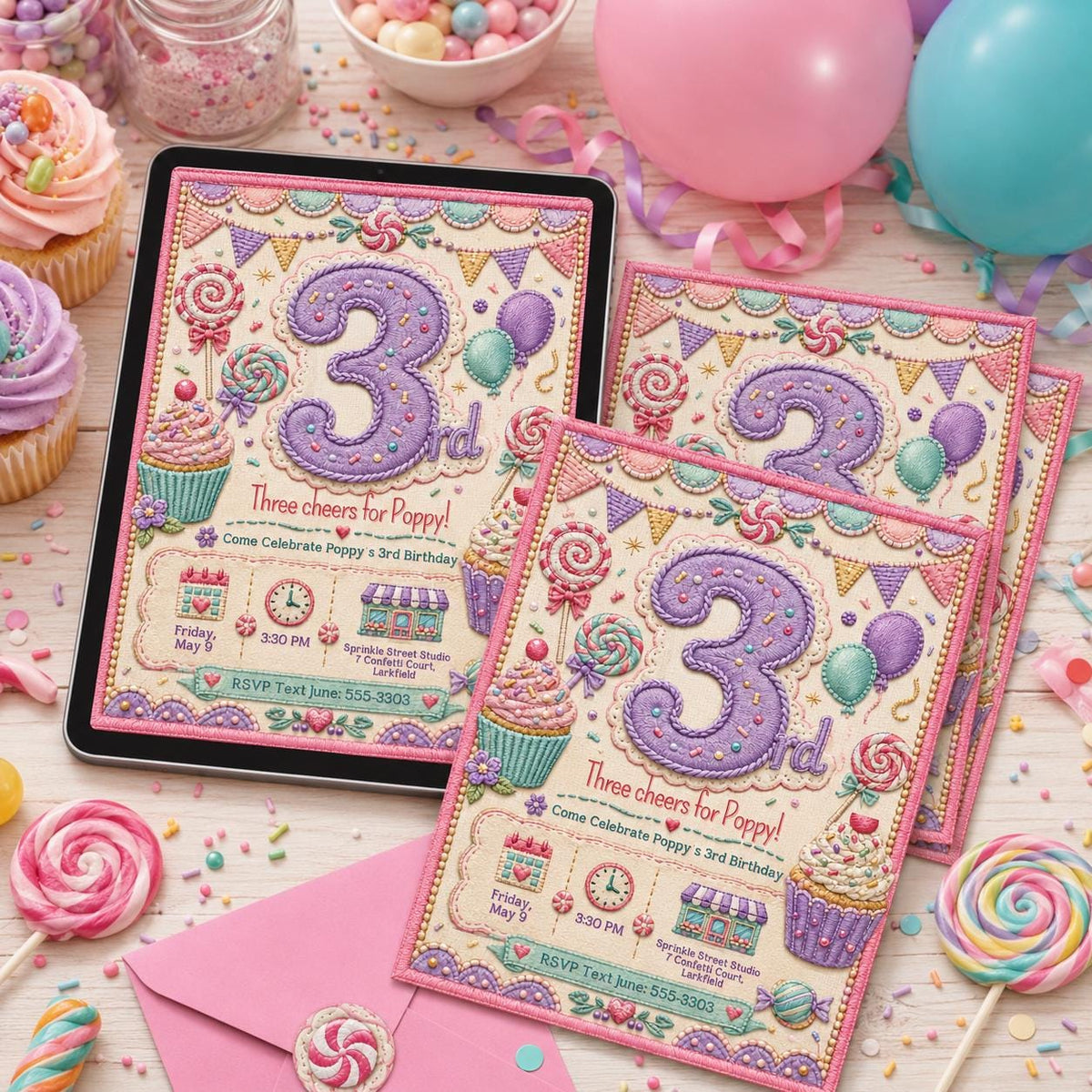 Candy Sweet Three Birthday Invitation for Girls — birthday party stationery by VoltBy