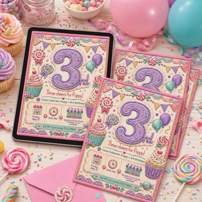 Candy Sweet Three Birthday Invitation for Girls — birthday party stationery by VoltBy