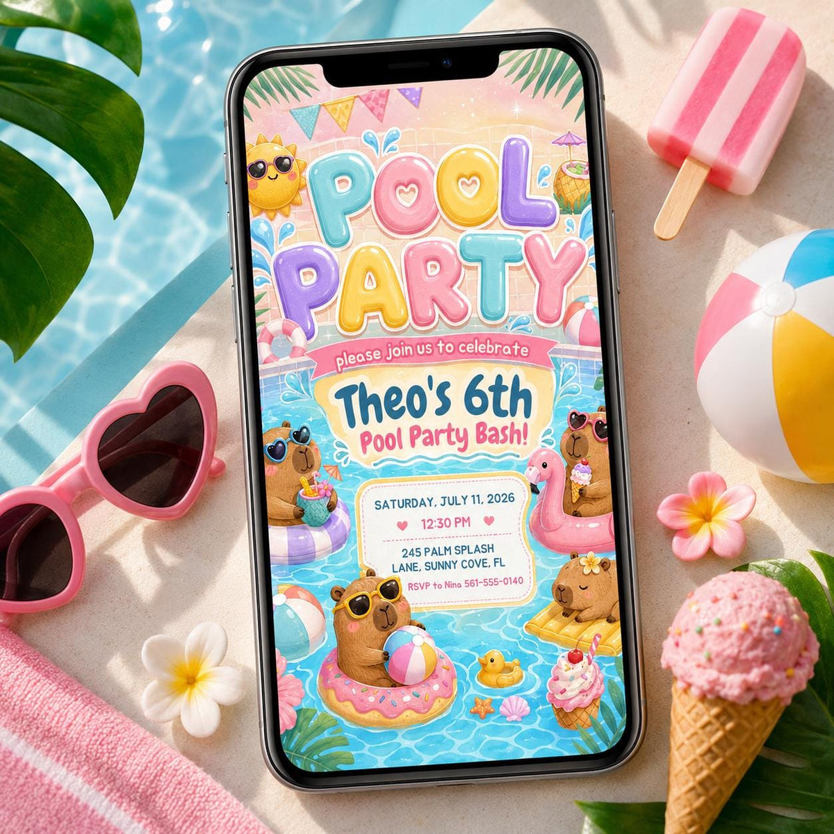 Capybara Pool Party 6th Birthday Invitation — pastel 6th birthday party design