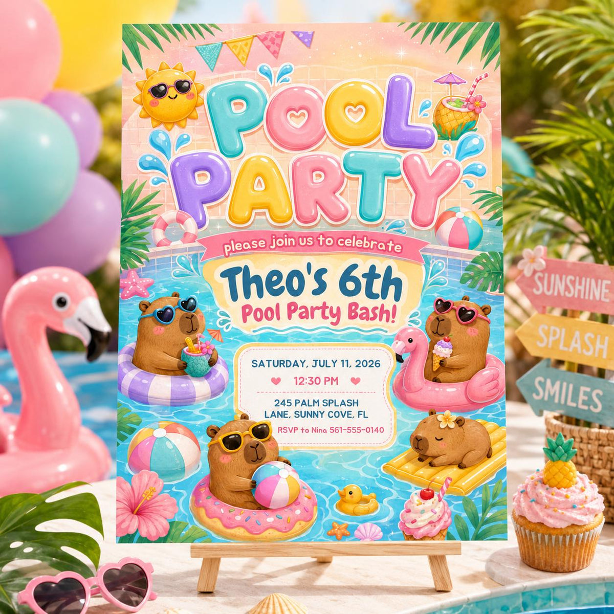 Capybara Pool Party 6th Birthday Invitation — digital invitation, instant download
