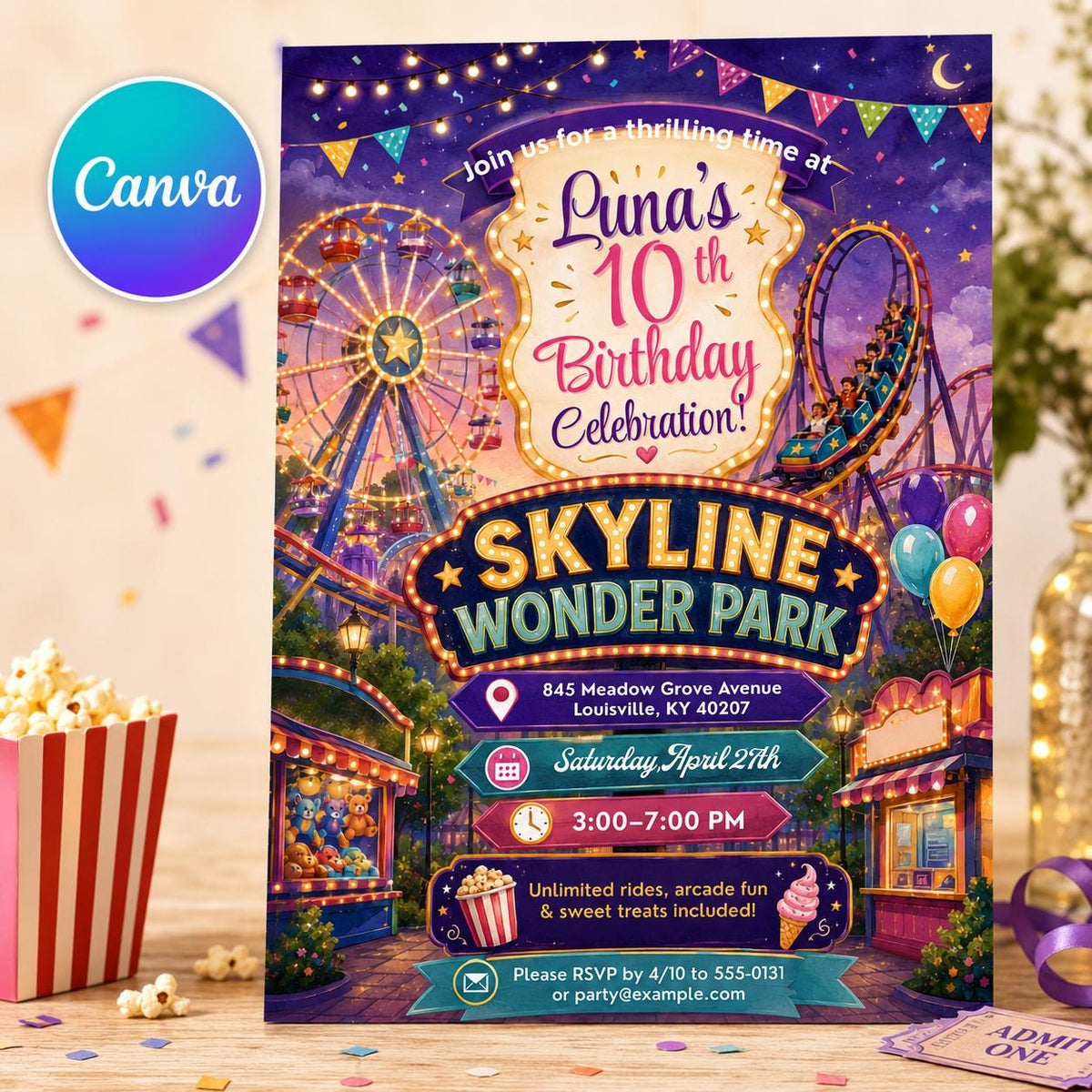Carnival Amusement Park 10th Birthday Invitation for Girls — editable Canva template