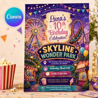 Carnival Amusement Park 10th Birthday Invitation for Girls — editable Canva template