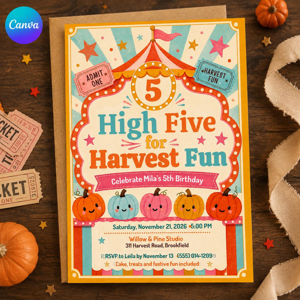 Carnival Pumpkin 5th Birthday Invitation — editable Canva template
