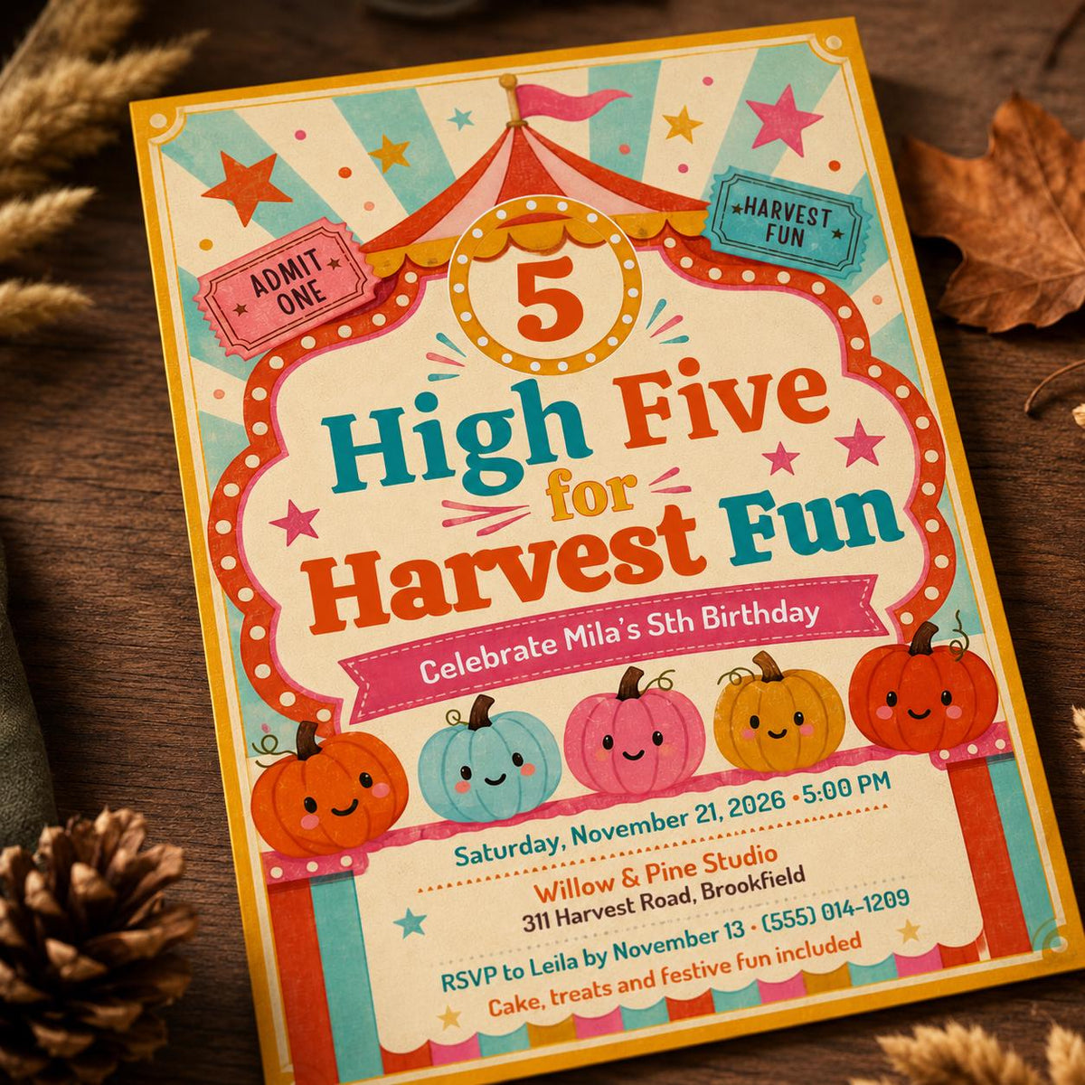 Carnival Pumpkin 5th Birthday Invitation — harvest design