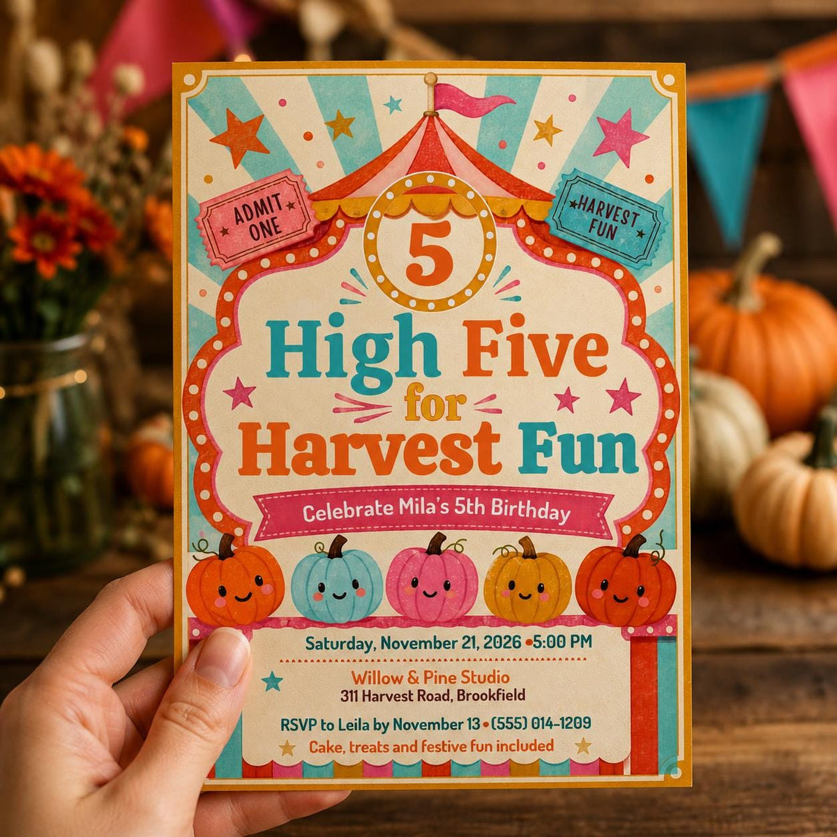 Carnival Pumpkin 5th Birthday Invitation — print-ready 5th birthday party design from VoltBy