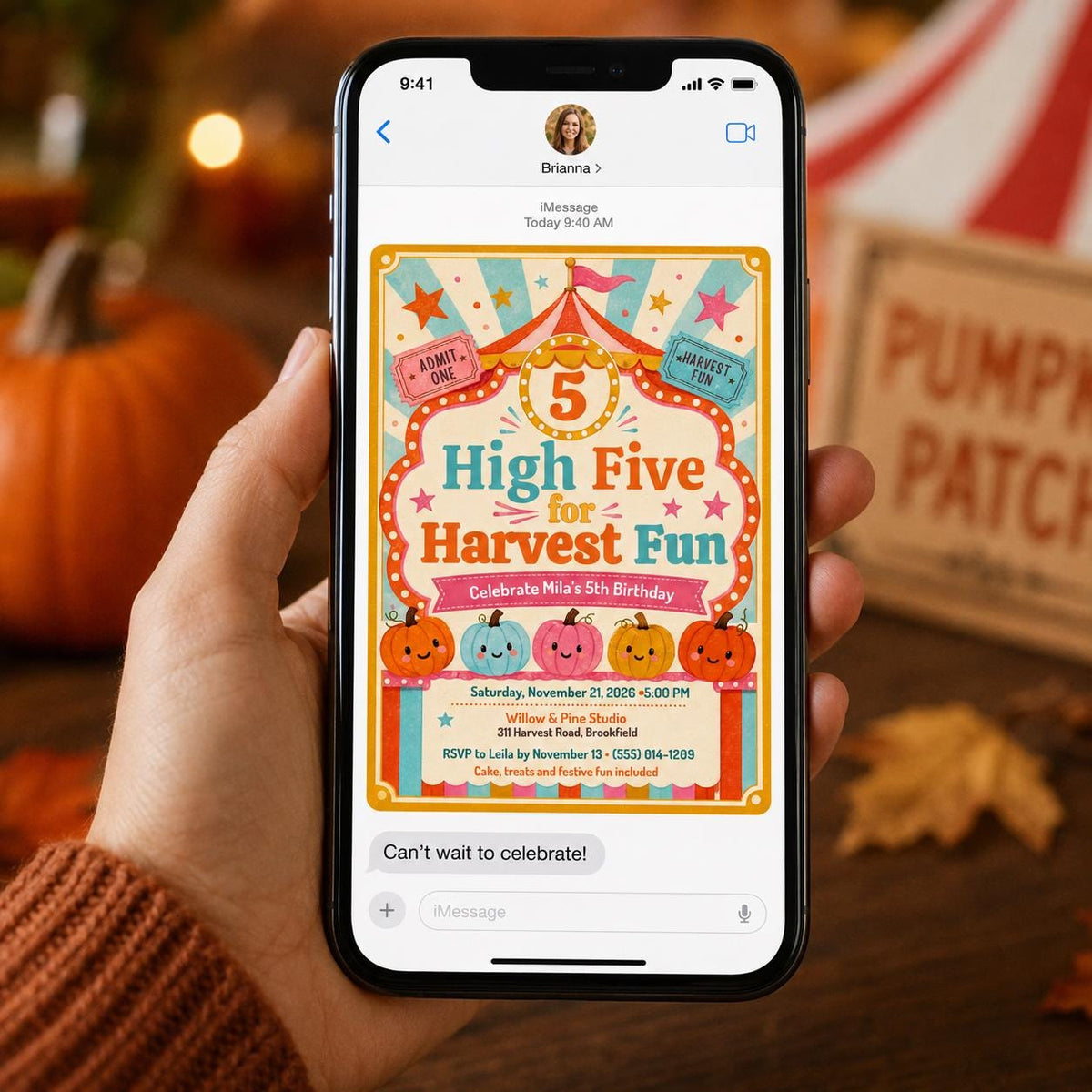 Carnival Pumpkin 5th Birthday Invitation — digital invitation, instant download