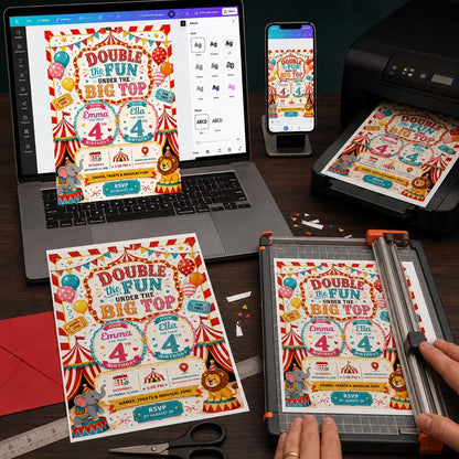 Carnival Twin 4th Birthday Invitation — print-ready 4th birthday party design from VoltBy