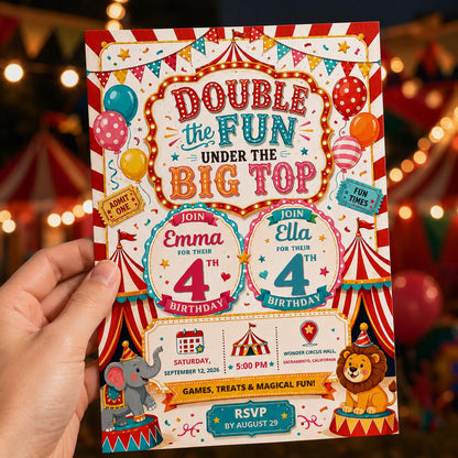 Carnival Twin 4th Birthday Invitation — 4th birthday party stationery by VoltBy