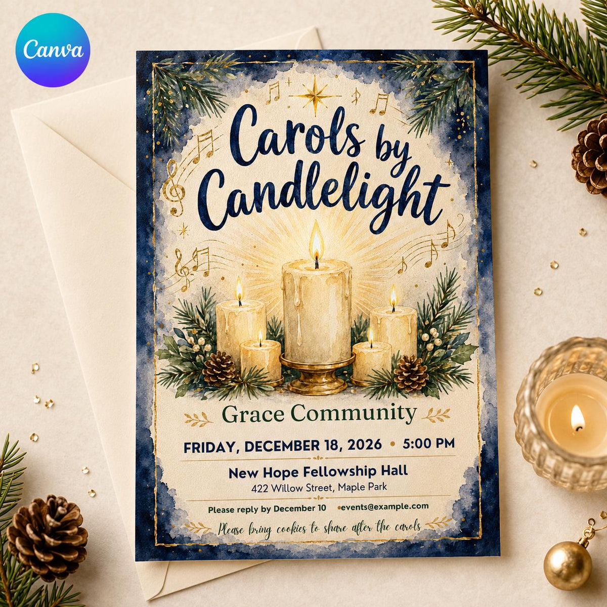 Carols by Candlelight Invitation — editable Canva template