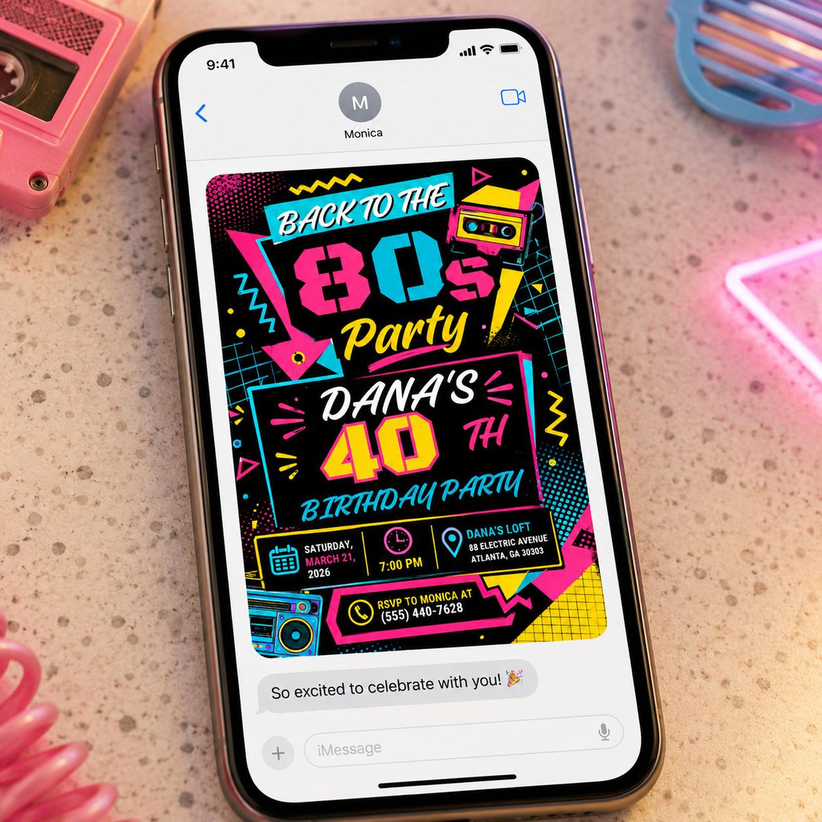 Cassette Back to the 80s 40th Birthday Invitation in pink and teal