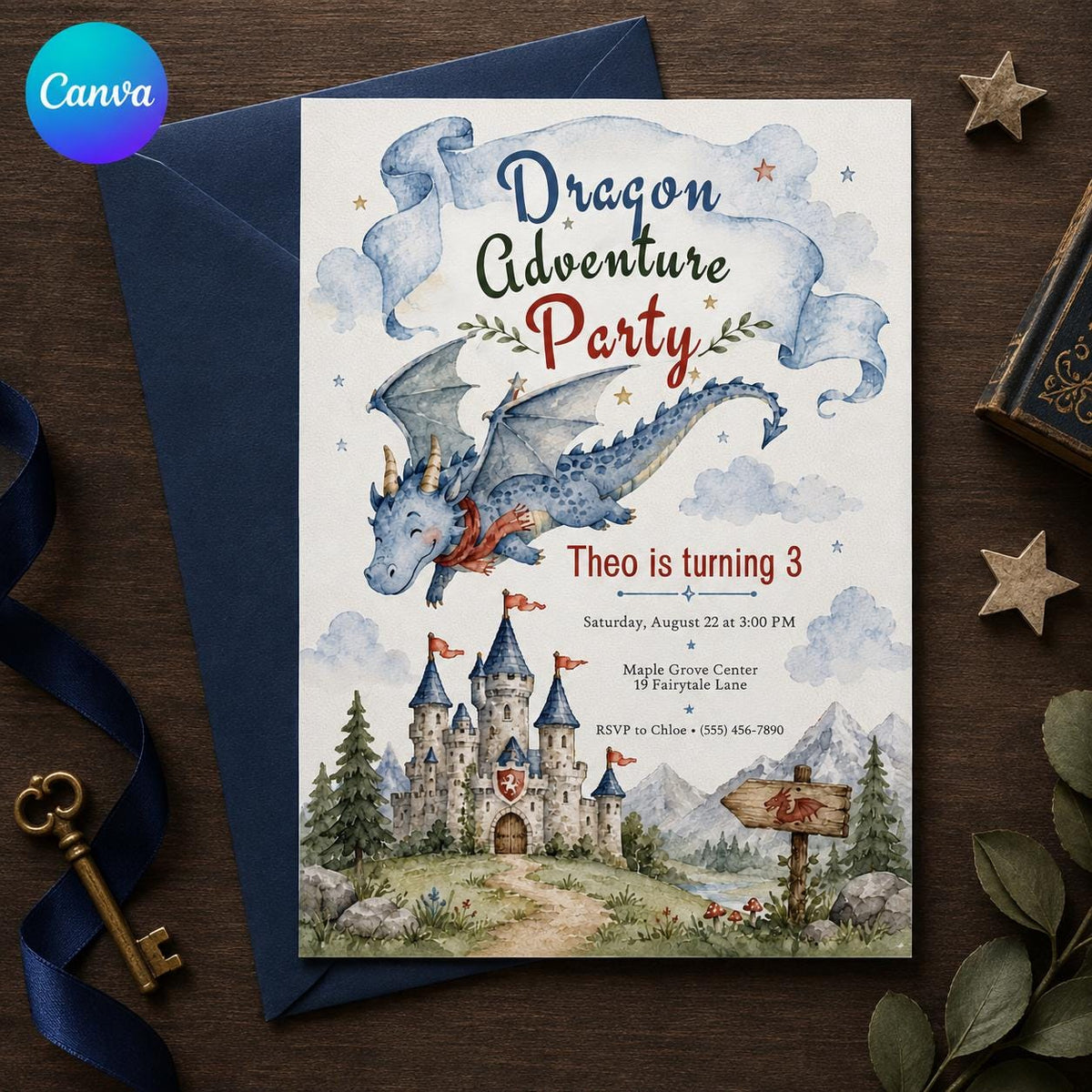 Castle Dragon 3rd Birthday Invitation — editable Canva template