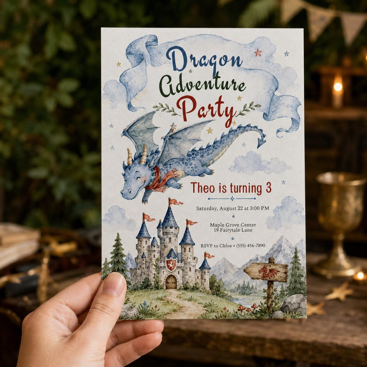 Castle Dragon 3rd Birthday Invitation — print-ready 3rd birthday party design from VoltBy