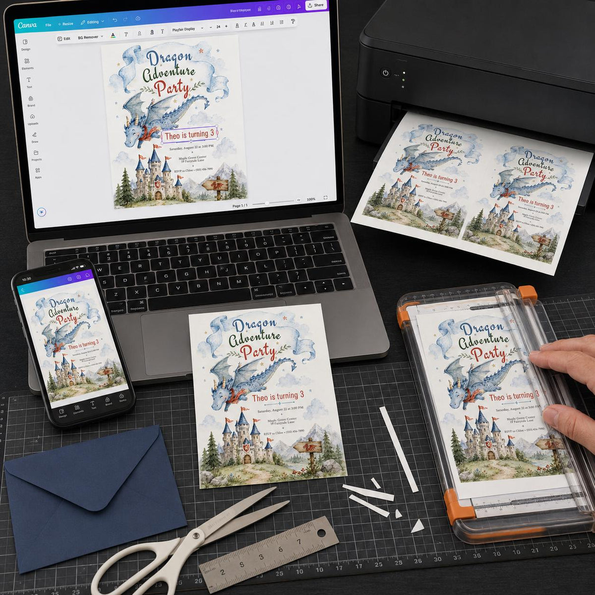 Castle Dragon 3rd Birthday Invitation — digital invitation, instant download