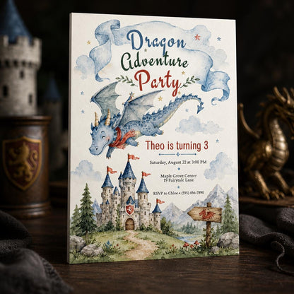 Castle Dragon 3rd Birthday Invitation — 3rd birthday party stationery by VoltBy