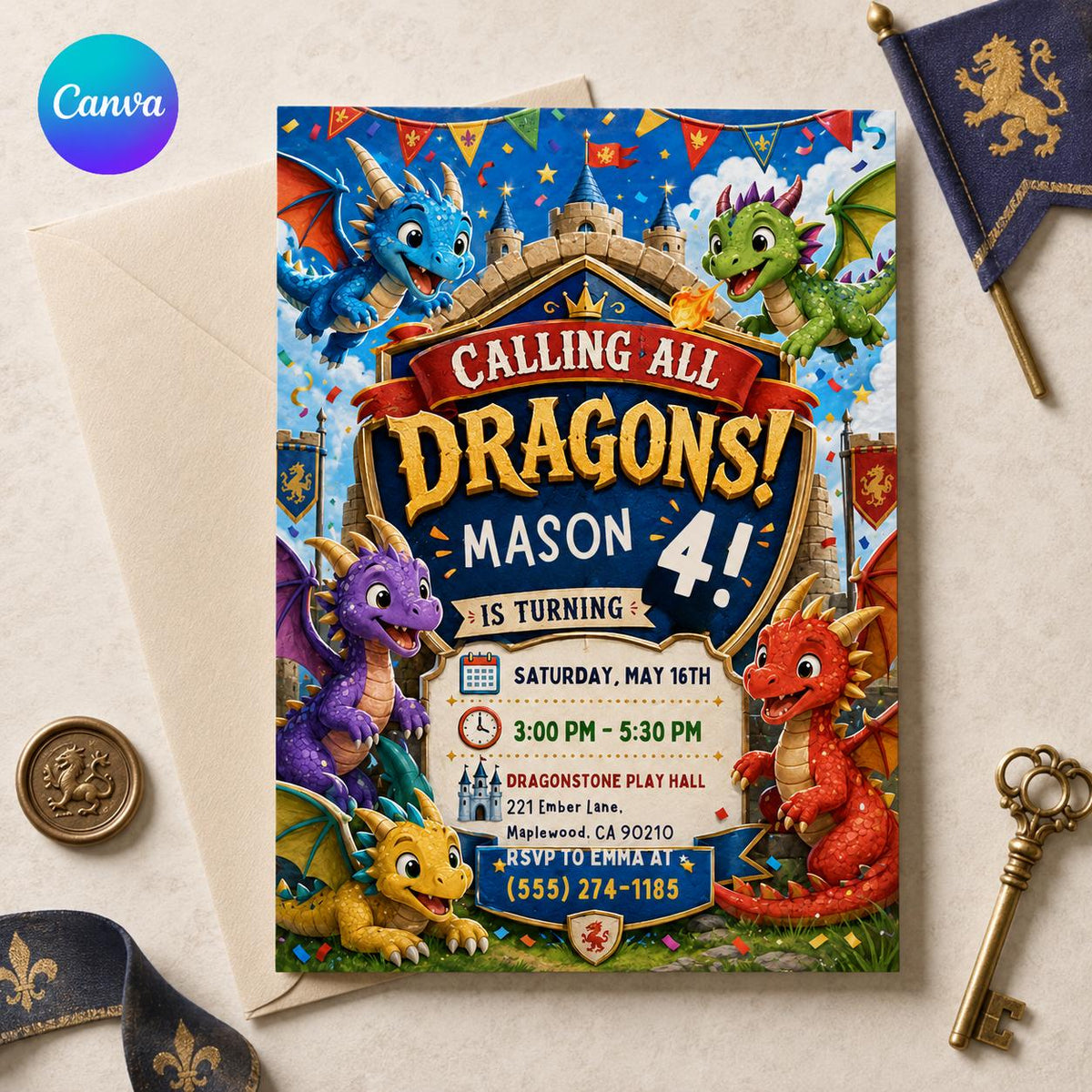 Castle Dragon 4th Birthday Invitation for Boys — editable Canva template