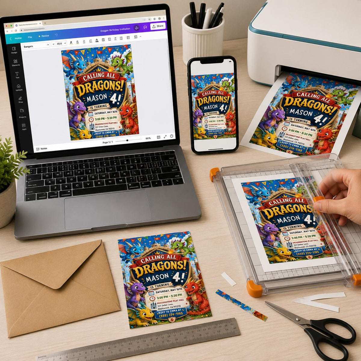 Castle Dragon 4th Birthday Invitation for Boys — digital invitation, instant download