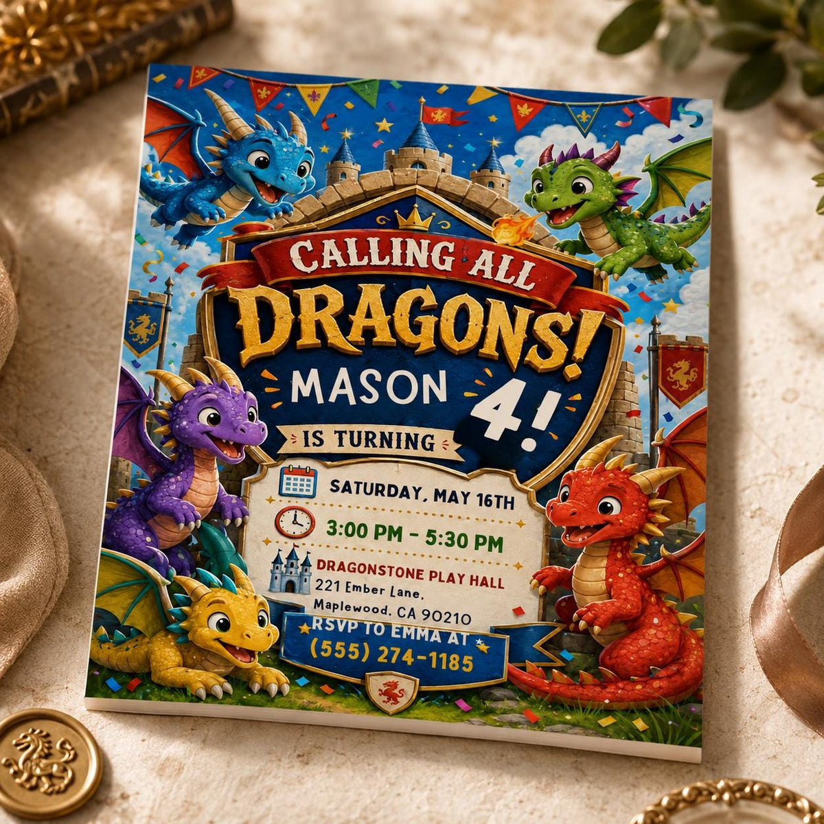 Castle Dragon 4th Birthday Invitation for Boys — 4th birthday party stationery by VoltBy