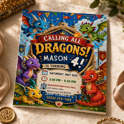 Castle Dragon 4th Birthday Invitation for Boys — 4th birthday party stationery by VoltBy