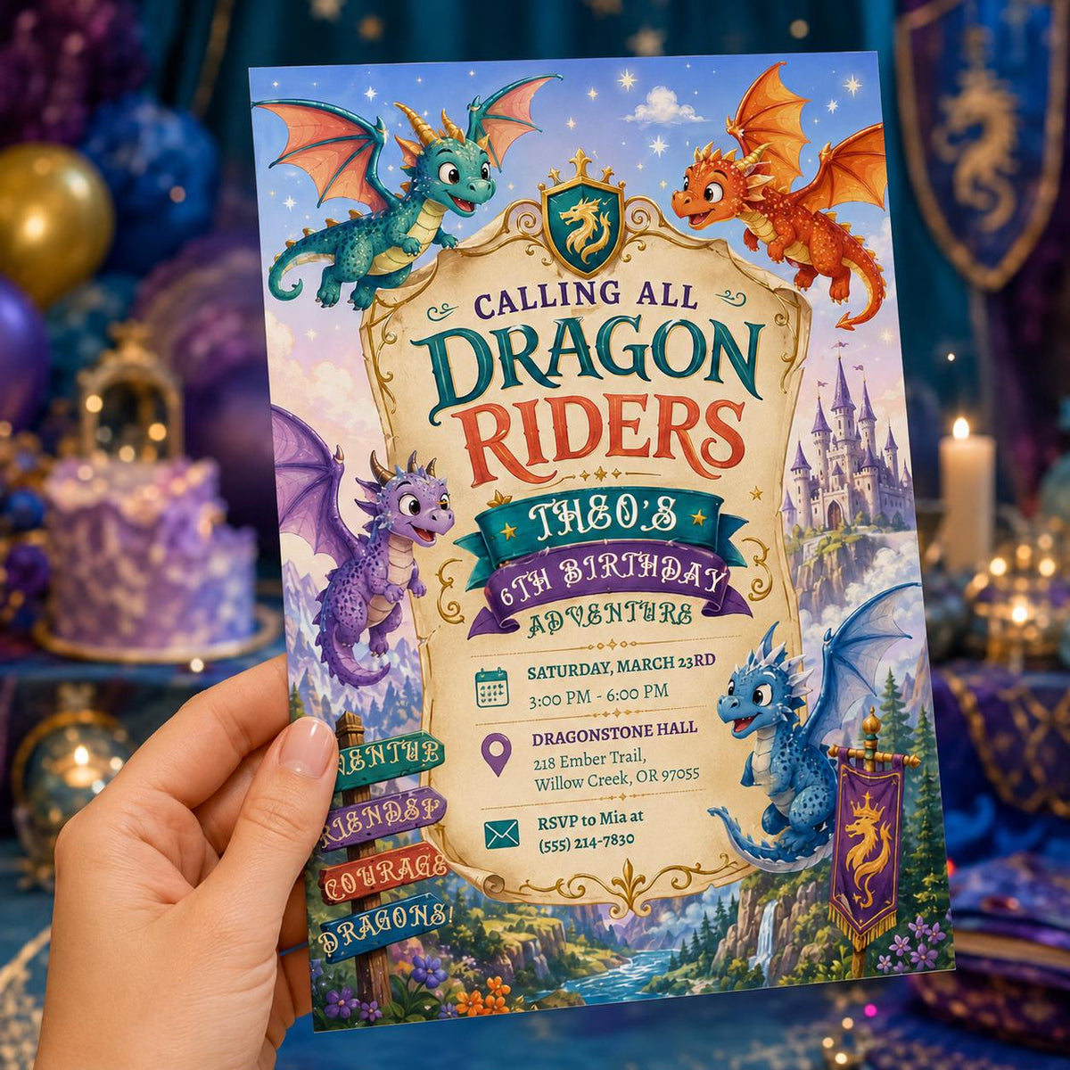 Castle Dragon 6th Birthday Invitation — print-ready 6th birthday party design from VoltBy