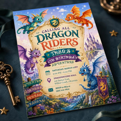 Castle Dragon 6th Birthday Invitation — 6th birthday party stationery by VoltBy