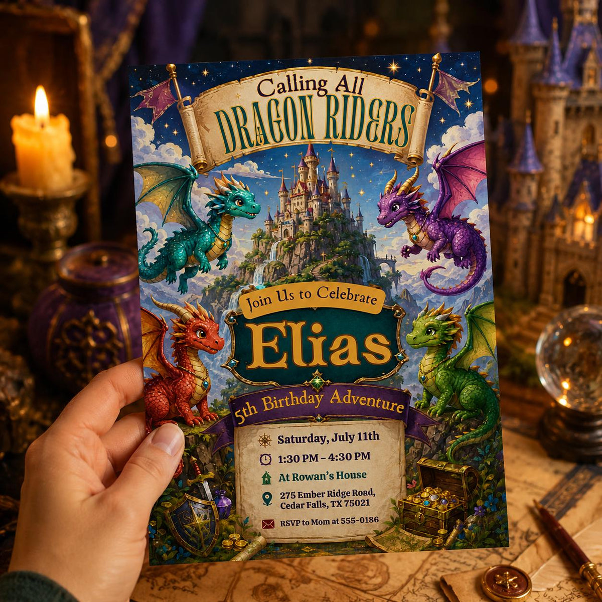 Castle Dragon Birthday Invitation — birthday party stationery by VoltBy