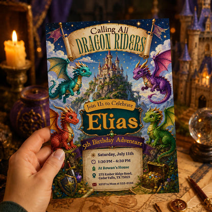 Castle Dragon Birthday Invitation — birthday party stationery by VoltBy