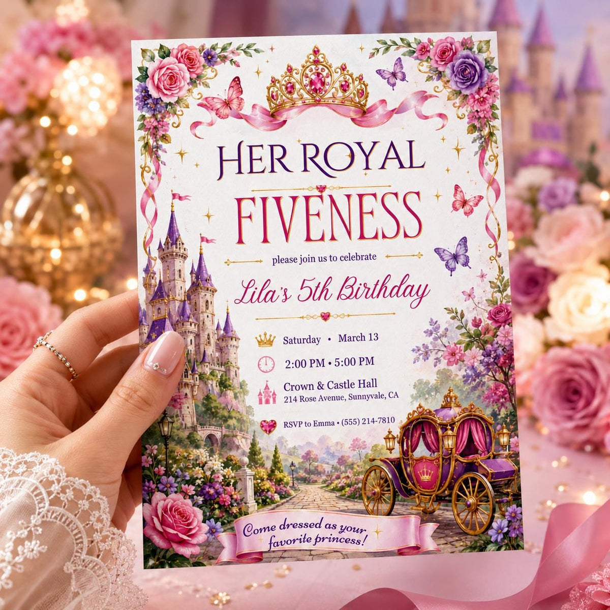 Castle Her Royal Fiveness Princess 5th Birthday Invitation — invitation you personalize in Canva