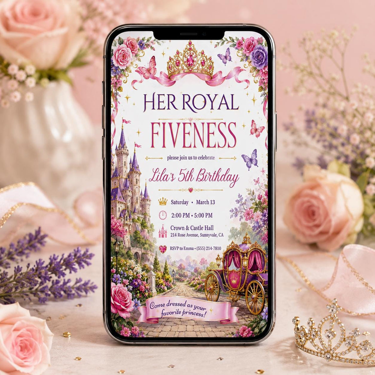 Castle Her Royal Fiveness Princess 5th Birthday Invitation — print-ready 5th birthday party design from VoltBy