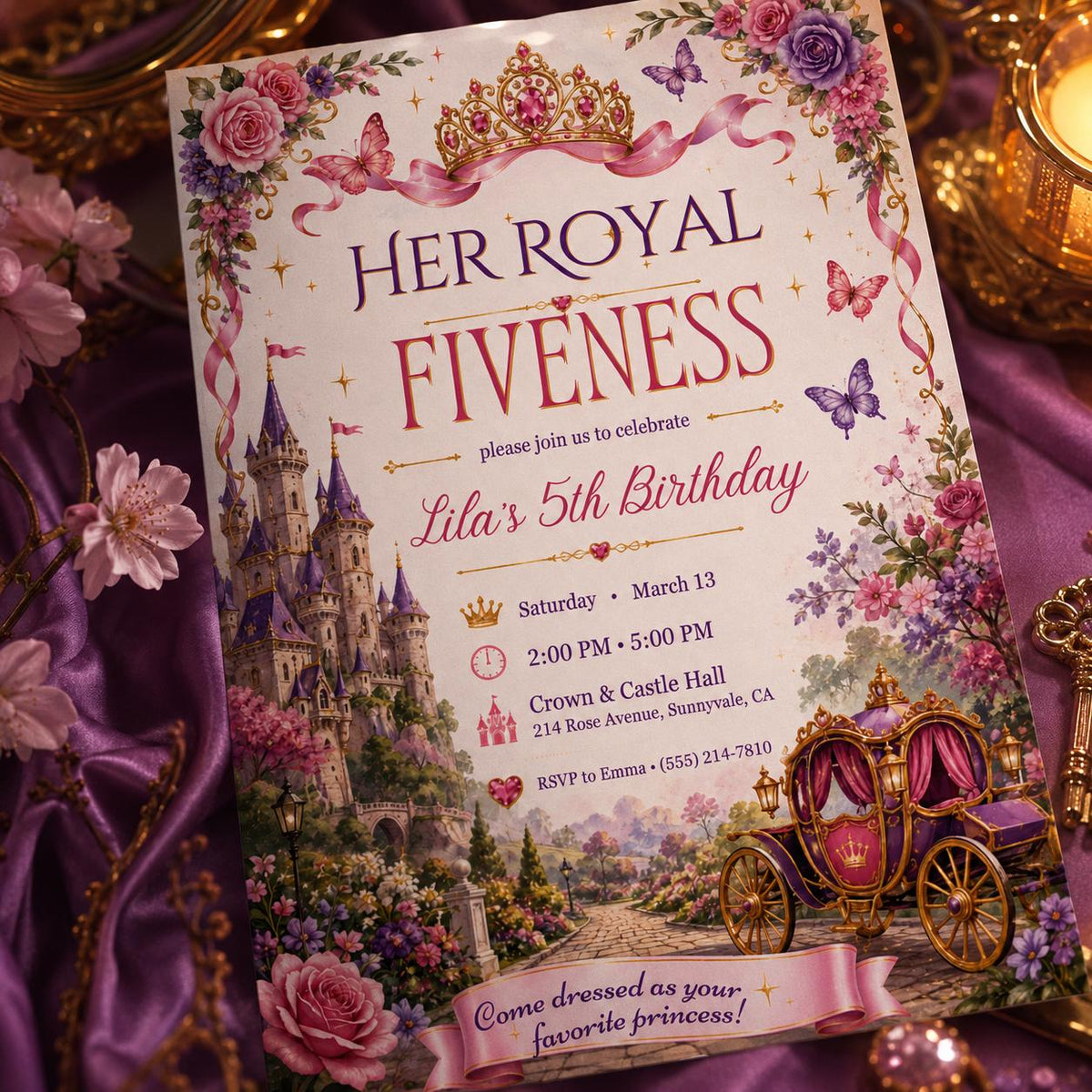 Castle Her Royal Fiveness Princess 5th Birthday Invitation — digital invitation, instant download