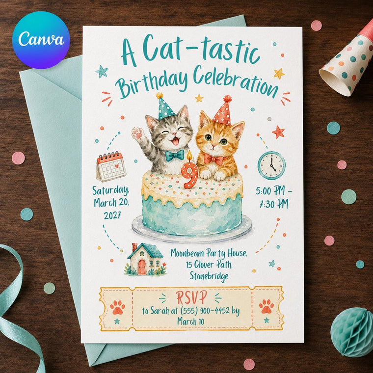 Cat 9th Birthday Invitation