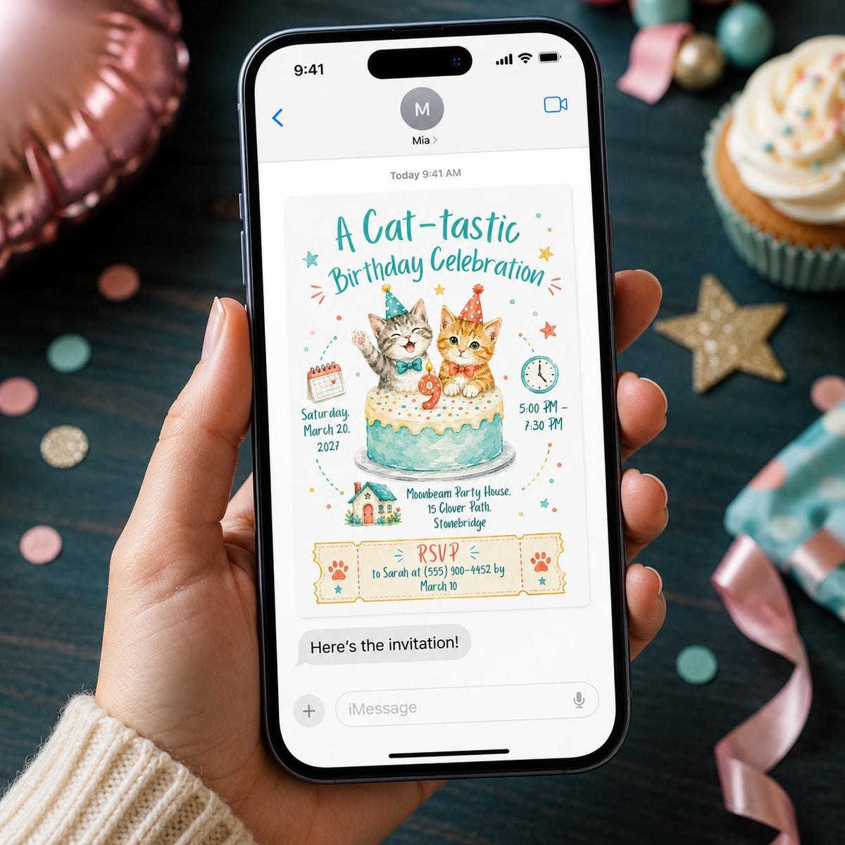 Cat 9th Birthday Invitation — invitation you personalize in Canva