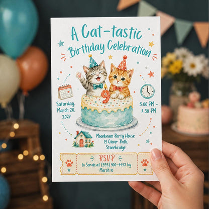 Cat 9th Birthday Invitation — print-ready 9th birthday party design from VoltBy