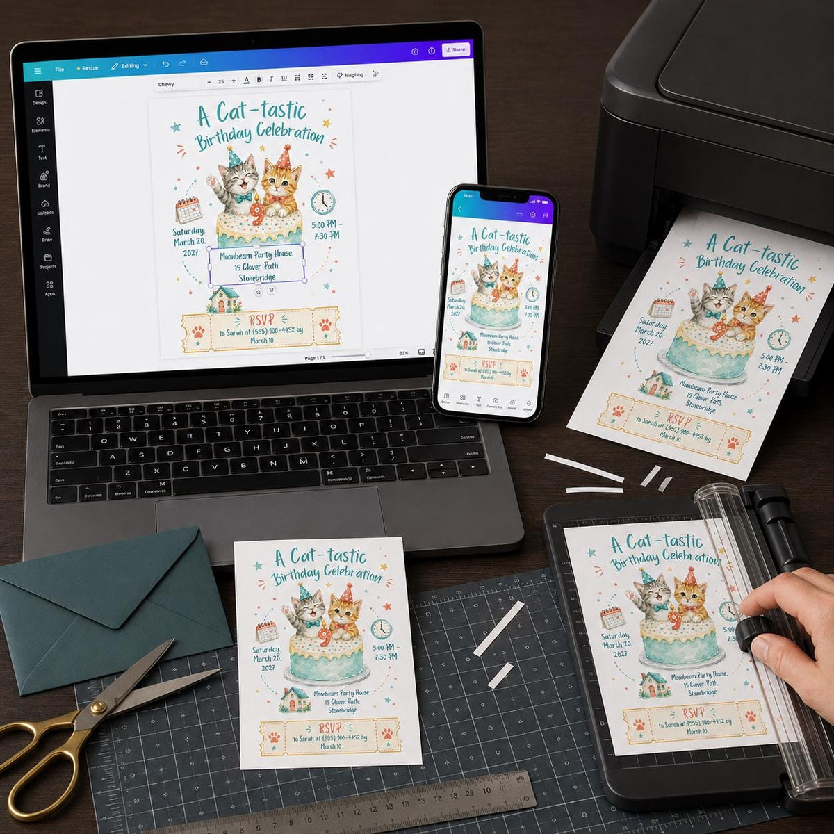 Cat 9th Birthday Invitation — digital invitation, instant download