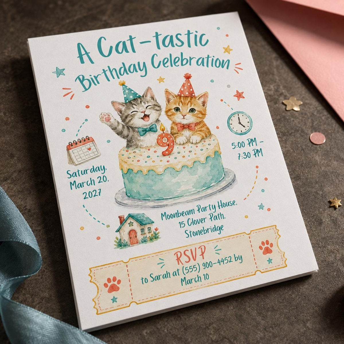 Cat 9th Birthday Invitation — 9th birthday party stationery by VoltBy