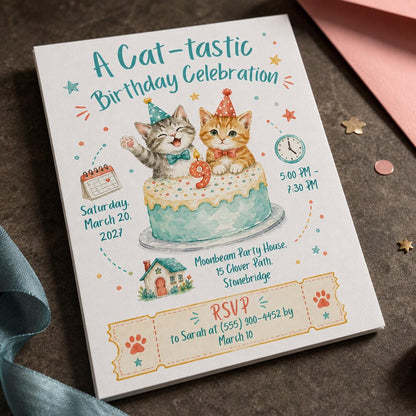 Cat 9th Birthday Invitation — 9th birthday party stationery by VoltBy