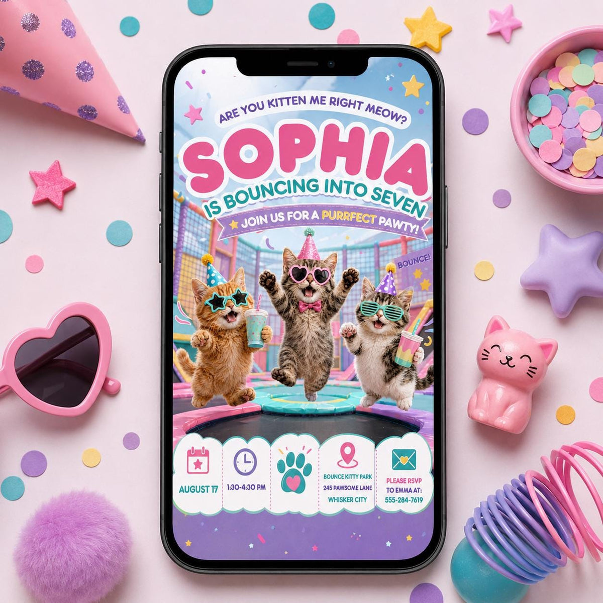 Cat Kitten Trampoline Birthday Invitation — design view 5
