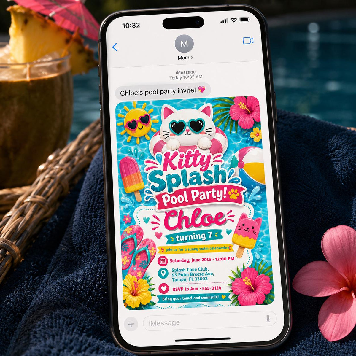 Cat Kitty Pool Party Invitation for Girls — invitation you personalize in Canva