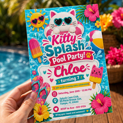 Cat Kitty Pool Party Invitation for Girls — print-ready 7th birthday party design from VoltBy