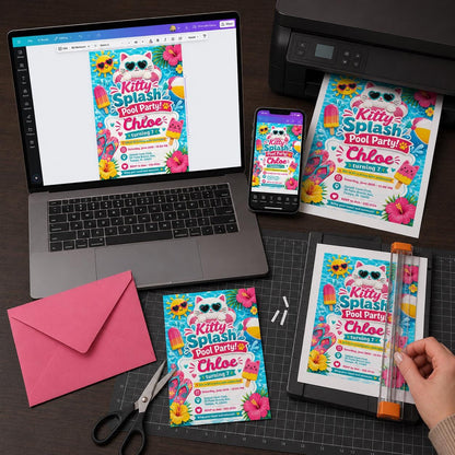 Cat Kitty Pool Party Invitation for Girls — digital invitation, instant download