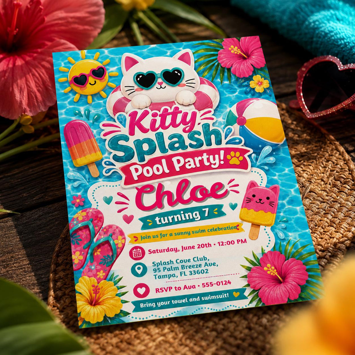 Cat Kitty Pool Party Invitation for Girls — 7th birthday party stationery by VoltBy