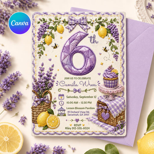 Lemon Lavender Birthday Invitation – 6th Birthday Girl Invite – Floral Party