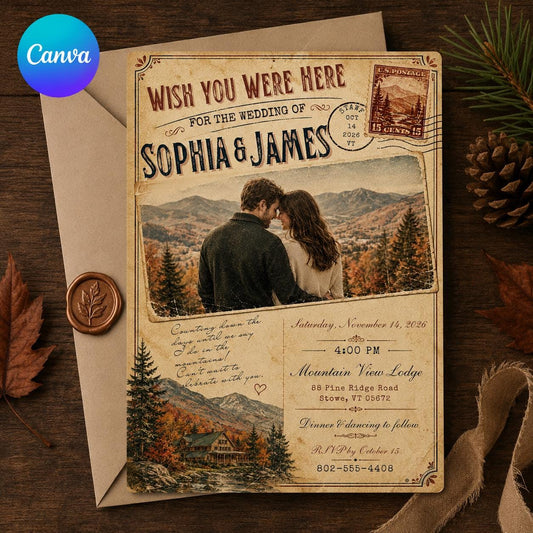 Mountain Wedding Invitation – Vintage Postcard Photo Invite – Rustic Fall Destination Wedding