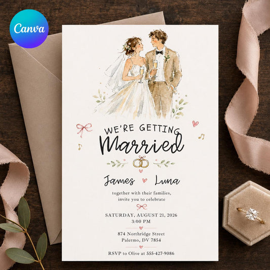 Beige Minimalist Watercolor Wedding Invitation — editable Canva template