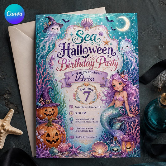 Mermaid Halloween Birthday Invitation – Under the Sea Witch Party Invite for Girls – Spooky Ocean Celebration