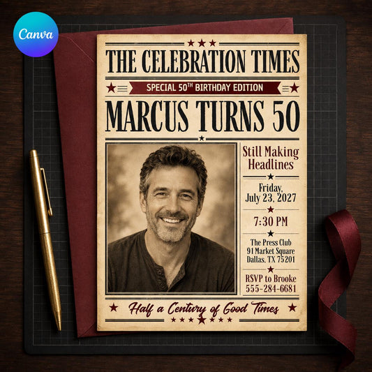 Celebration Times Portrait 50th Birthday Invitation — editable Canva template