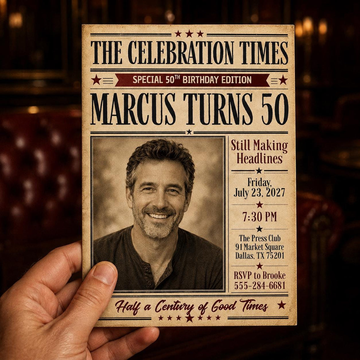 Celebration Times Portrait 50th Birthday Invitation — newspaper design