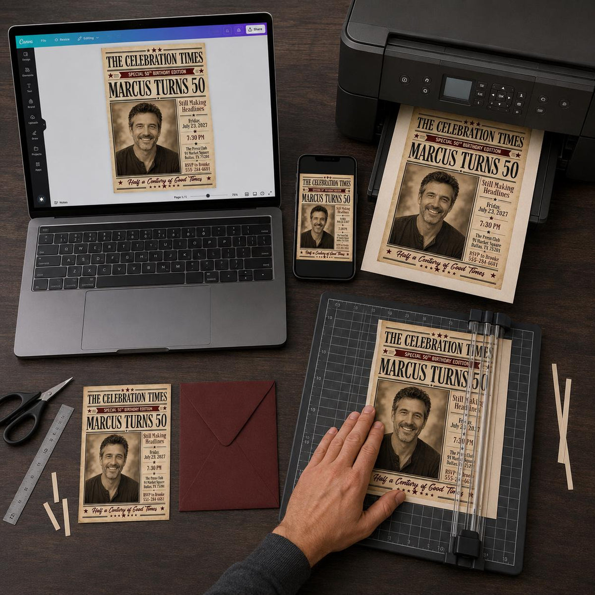 Celebration Times Portrait 50th Birthday Invitation — invitation you personalize in Canva