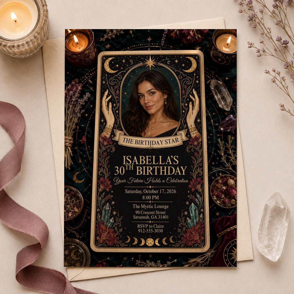 Celestial Boho 30th Birthday Tarot Invitation — invitation you personalize in Canva