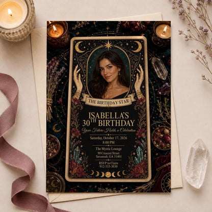 Celestial Boho 30th Birthday Tarot Invitation — invitation you personalize in Canva
